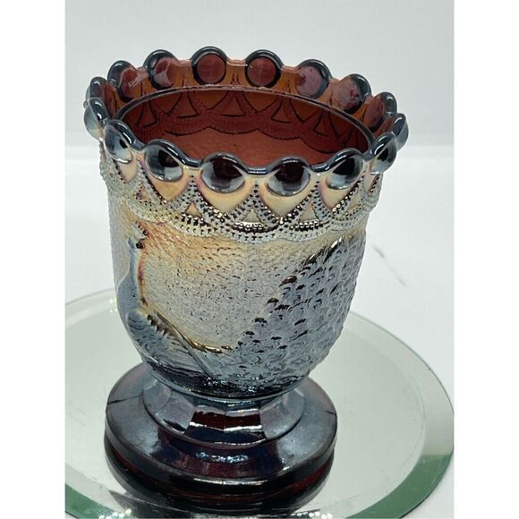 What is the value of a Westmoreland amethyst Carnival glass  VTG Westmoreland Amethyst Carnival Glass Strutting Peacock Sugar Bowl Or 5” Vase